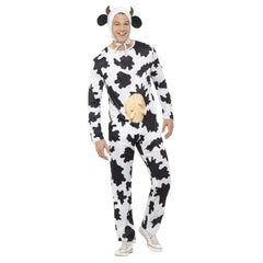 Cow costume jumpsuit, lightweight, with attached udders, seperate hood with ears and horns.