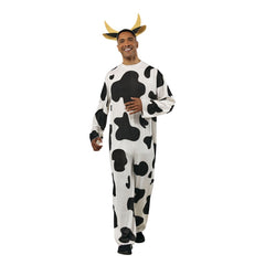Cow Furry Onesie Adult Costume, black and white cow onesie, largish, with horns on headband.
