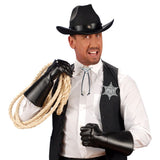 Western string tie and sheriff star badge worn with cowboy costume