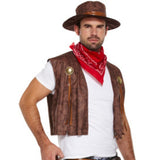 Close-up of adult cowboy costume showing vest, neckerchief and western details