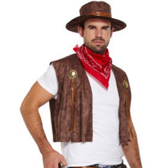 Adult cowboy costume with cow print chaps, vest and western hat