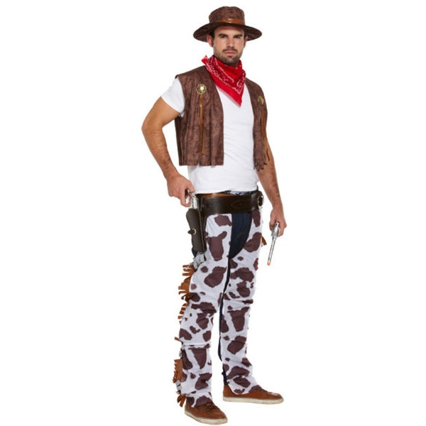 Adult cowboy costume with cow print chaps, vest and western hat