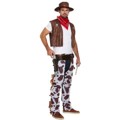 Adult cowboy costume with cow print chaps, vest and western hat