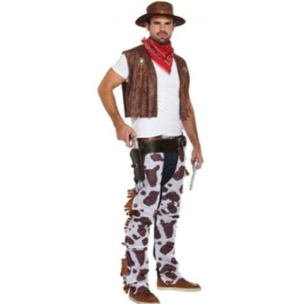 Cowboy adult costume with cow print chaps and brown vest, red bandana and hat.