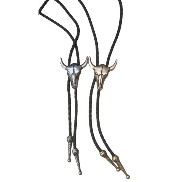 Bolo tie with bull skull design on a white background