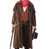Cowboy Costume-Adult, long brown coat, wide collar, red stripe vest, bandana and hat.