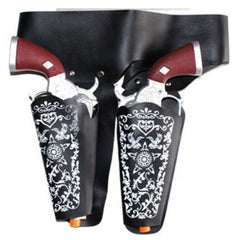 Cowboy costume toy gun set with black and white holsters and belt for Western dress-up