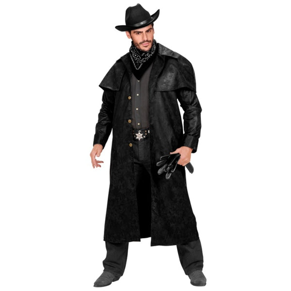 Adult black cowboy duster coat for western and wild west costumes