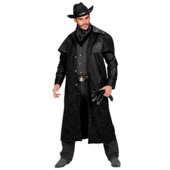 Adult black cowboy duster coat for western and wild west costumes