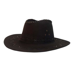 Black adult-size cowboy hat with chin strap and stitching, ideal for rodeo, western, or Halloween costumes