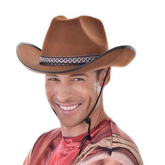 Brown cowboy hat with woven band, adult size costume accessory for western themes
