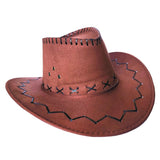 Brown adult-size cowboy hat with chin strap and lacing, ideal for western costumes or rodeo events