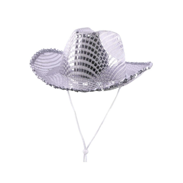 Cowboy Hat Mirror Sequins, white base with silver mirror sequins and silver trim, adult size.