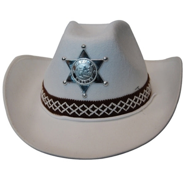 White feltex cowboy hat with embroidered band and sheriff badge