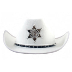 White cowboy hat with embroidered woven band and silver sheriff badge, adult costume accessory 