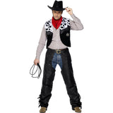 Men's Cowboy Leather Costume featuring black faux leather chaps, matching waistcoat, belt, and red neckerchief, ideal for Wild West-themed events.