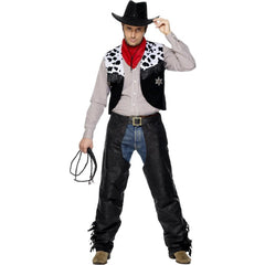 Men's Cowboy Leather Costume featuring black faux leather chaps, matching waistcoat, belt, and red neckerchief, ideal for Wild West-themed events.