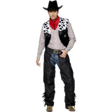 Mens cowboy leather costume, black chaps with fringing and vest with cowprint yolk and red bandana.