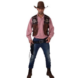 Western cowboy costume set with fringed vest, brown belt, and holster – unisex Wild West outfit
