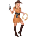 Cowgirl womens costume with fringed hemline and mid thigh length