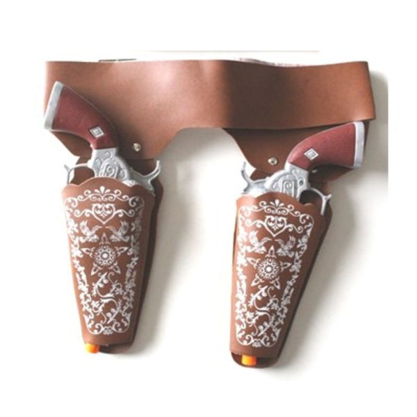 Brown cowgirl double holster set with two toy pistols and adjustable belt