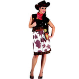 Cowgirl ladies costume by Fun Kiwi, cow print skirt, brown vest, red bandana and hat.