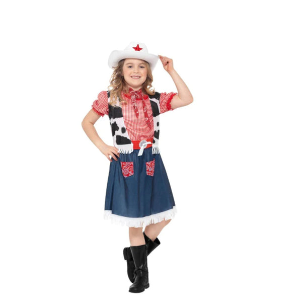 Cowgirl Sweetie Child Costume, dress with denium look skirt and red check top with vest and hat.