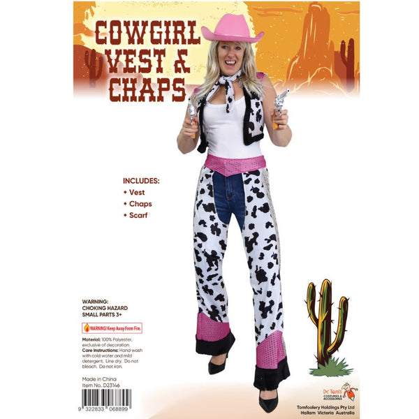 Cowgirl vest and chaps costume, cowprint short vest and chaps with pink sequin trim with black trim.