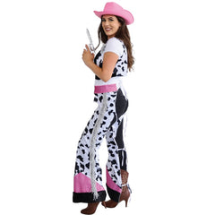 Cowgirl costume with cow print chaps, vest, and pink neck tie