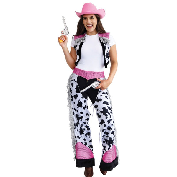 Cowgirl costume with cow print chaps, vest, and pink neck tie