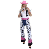 Cowgirl vest and chaps costume, cowprint short vest and chaps with pink sequin trim with black trim, plus scarf.