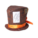 crazy hatter hat in brown with orange ribbon band.