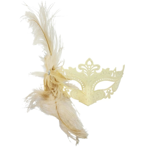 Cream feather masquerade mask with glitter detail and side feather accent