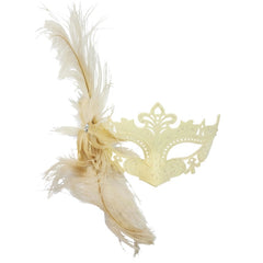 Cream feather masquerade mask with glitter detail and side feather accent