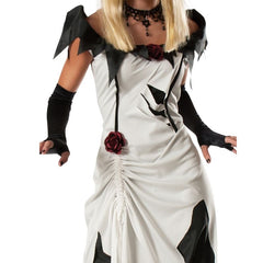 Creeping Beauty adult costume with black tattered dress and ghostly white overlay 