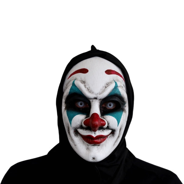 Creepy clown hooded Halloween mask with red nose and blue eye accents