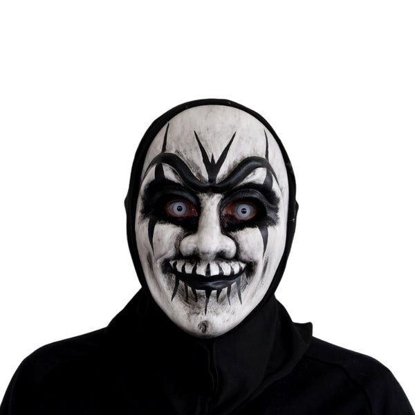 Creepy smile hooded Halloween mask with black eye detail and attached hood
