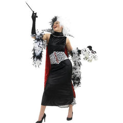Cruella De Ville costume hire Brisbane with black dress, spotted cape, gloves and two-tone wig