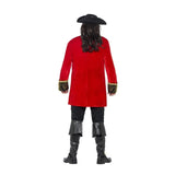 Curves Pirate Captain Costume, red jacket with contrasting panel and cuffs, shirt and sash.