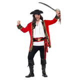 Curves Pirate Captain Costume, red jacket with contrasting panel and cuffs, shirt and sash.