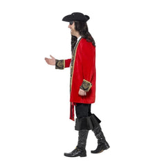 Curves Pirate Captain Costume for men with red pirate jacket and lace-up shirt for Book Week