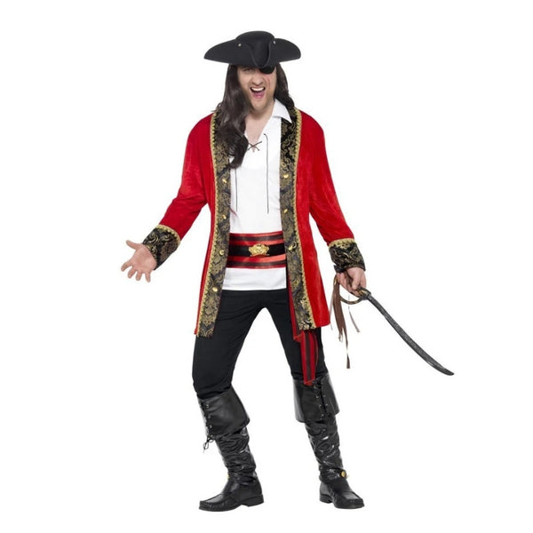 Curves Pirate Captain Costume, red jacket with contrasting panel and cuffs, shirt and sash.