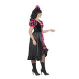 Curves Sassy Saloon Costume, Pink and black dress, with frill at hemiline, longer at back and shorter at front, feather hairclip.