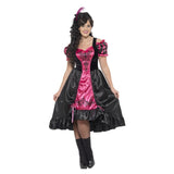 Curves Sassy Saloon Costume, Pink and black dress, with frill at hemiline, longer at back and shorter at front.