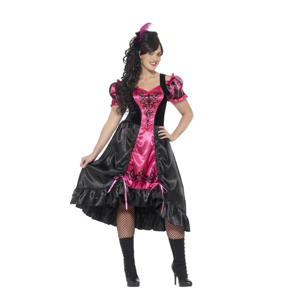 Curves Sassy Saloon Costume, Pink  and black dress, with frill at hemiline, longer at back and shorter at front.