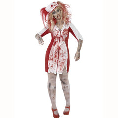 Curves Zombie Nurse, zip up the front dress in red and white with blood print, includes headdress.