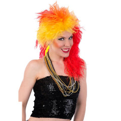 80s crimped wig in orange and yellow with shaggy style
