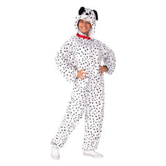 Dalmatian Furry Onesie Costume-Adult, spot jumpsuit with red collar and hood with dog face. unisex.