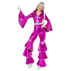 1970s Dancing Dream disco costume with shiny jumpsuit, star belt, and silver cord
