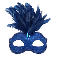 Daniella feather face mask, dark blue base decorated with blue glitter and topped off with feathers and diamantee.